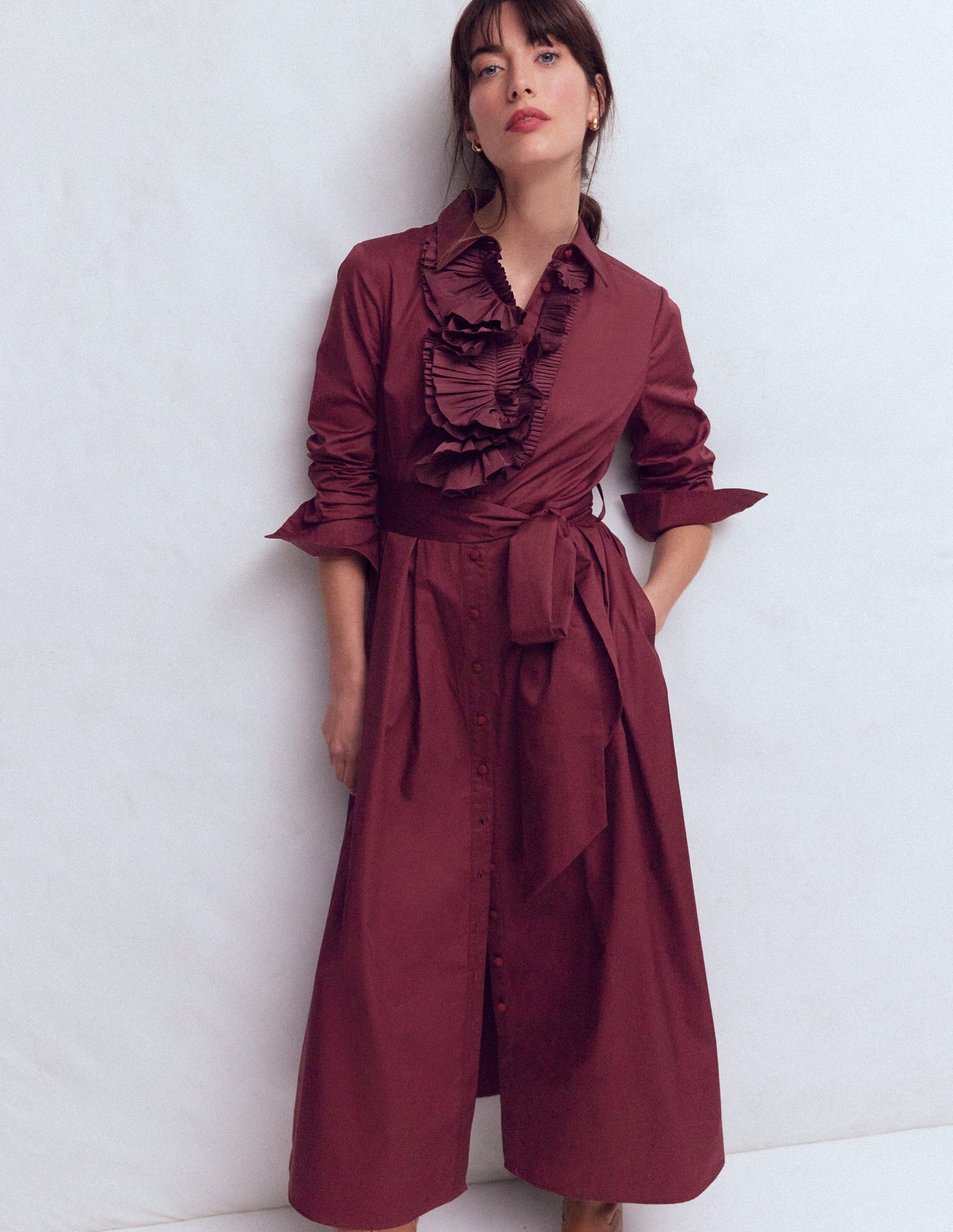 Plissiertes Hemdblusenkleid mit Rüschen-Dunkelviolett