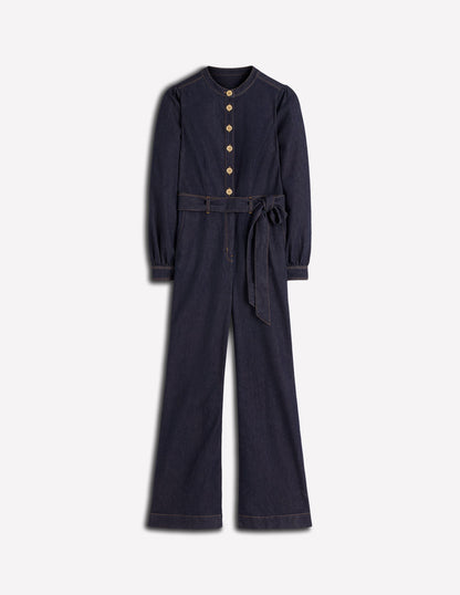 Bootcut-Jumpsuit aus Denim mit Knöpfen-Indigo (Rinse-Waschung)-5
