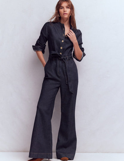 Bootcut-Jumpsuit aus Denim mit Knöpfen-Indigo (Rinse-Waschung)-4