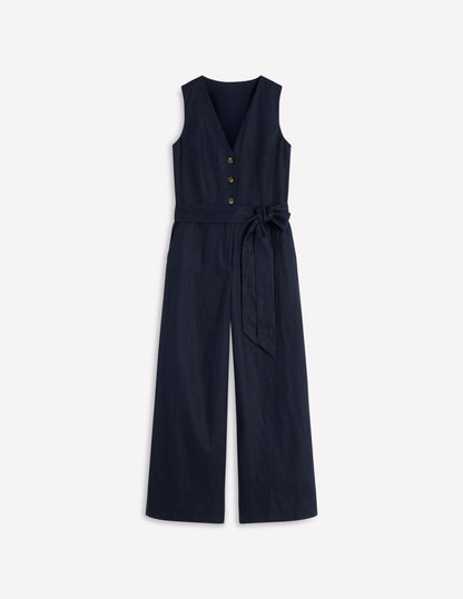 Laura Leinen-Jumpsuit mit V-Ausschnitt-Marineblau-5