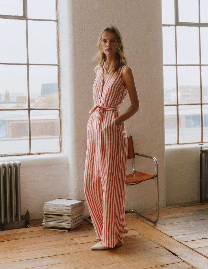 Laura V-neck Linen Jumpsuit-Red, Ivory Stripe
