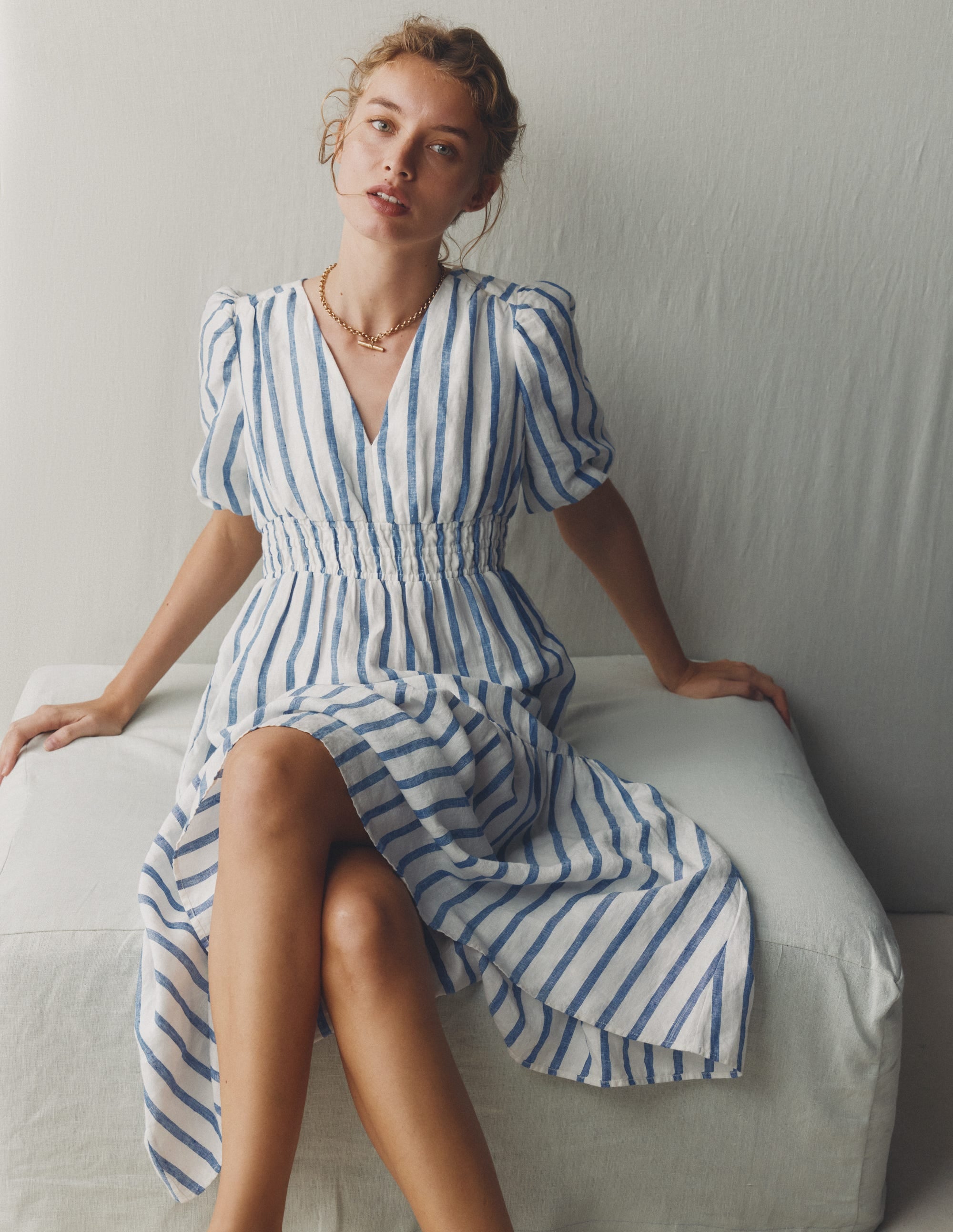 Robe midi Irene en lin-Rayé bleu - Image 6