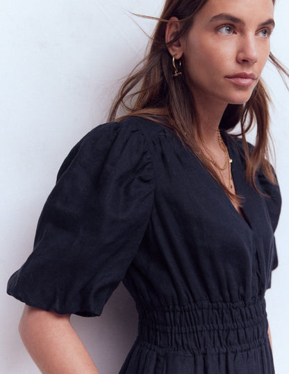 Irene Leinenkleid mit Puffärmeln-Marineblau-2