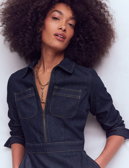 Schwingendes Denim-Hemdblusenkleid-Indigoblau, Denim-2