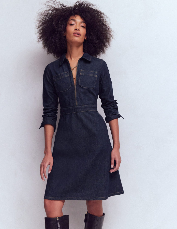 Schwingendes Denim-Hemdblusenkleid-Indigoblau, Denim