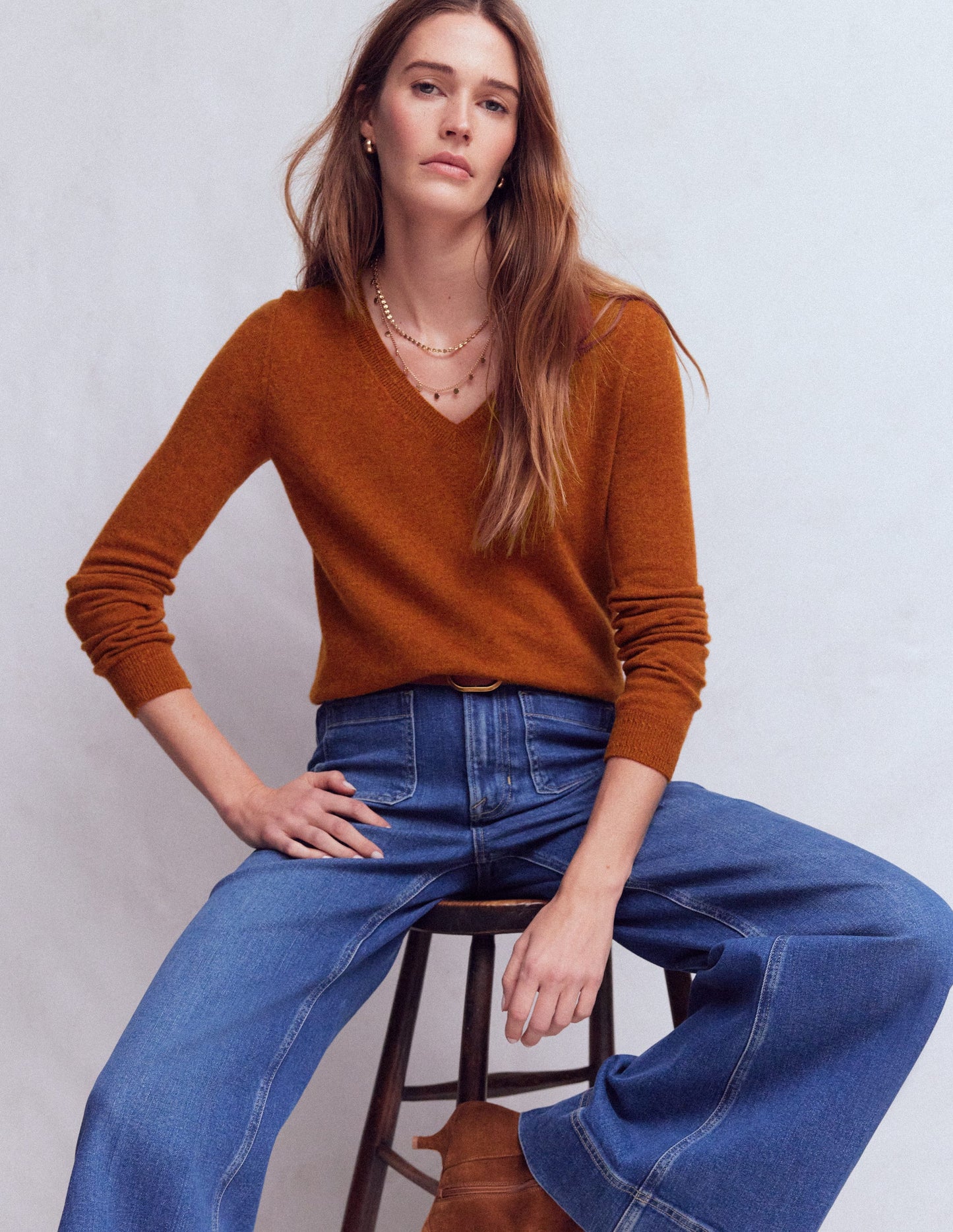 Eva Kaschmirpullover mit V-Ausschnitt-Cognac Meliert