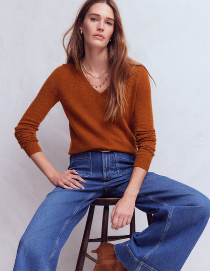 Eva Kaschmirpullover mit V-Ausschnitt-Cognac Meliert-1