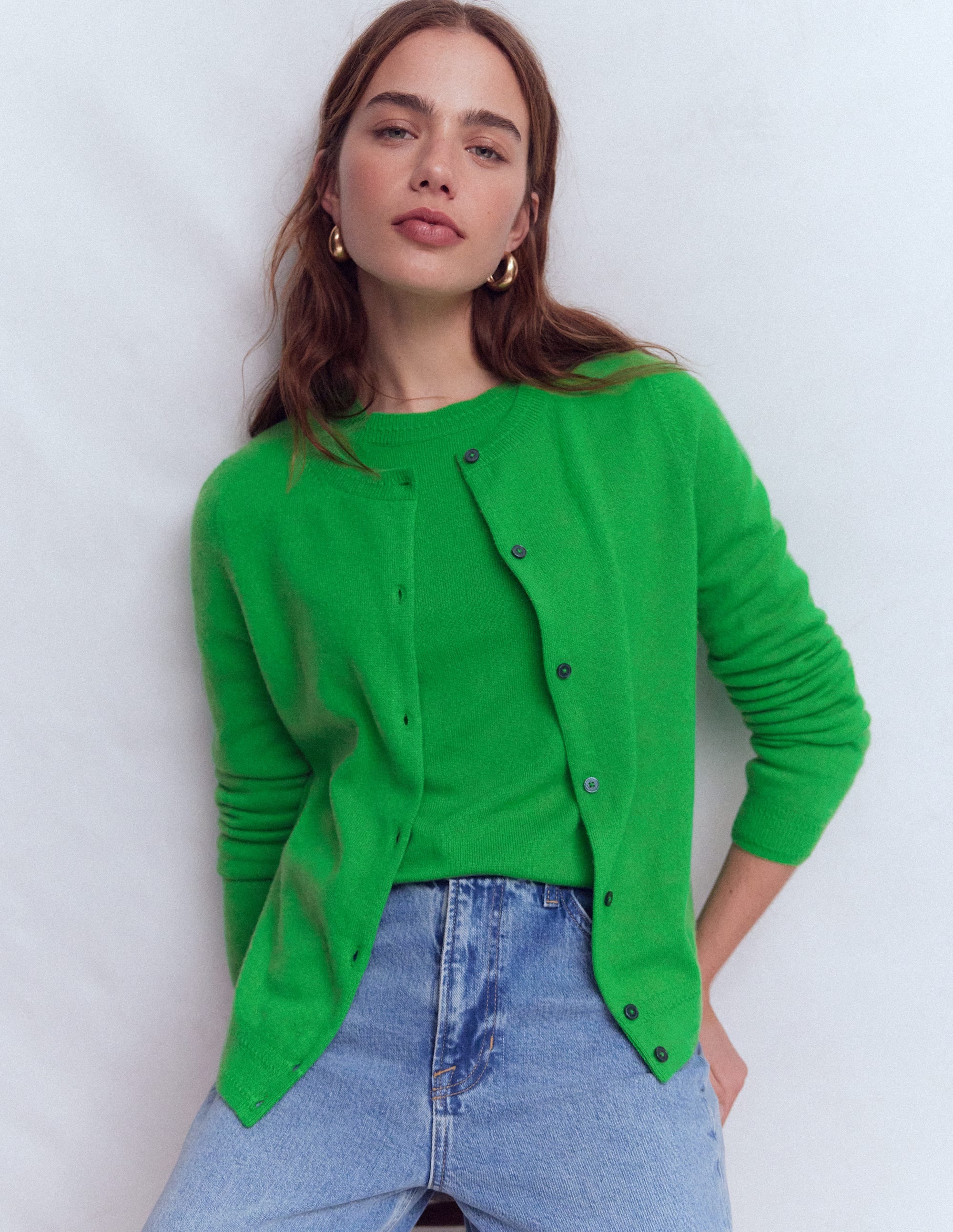 Eva Kaschmir-Strickjacke mit Rundhalsausschnitt-Baumgrün - Image 1