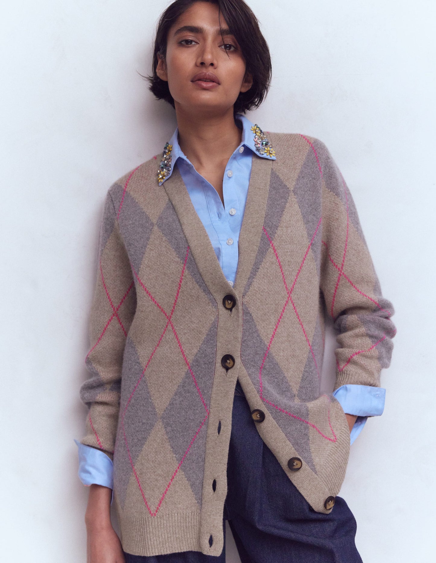 Quinn Strickjacke im Boyfriend-Stil-Neutral Argyle