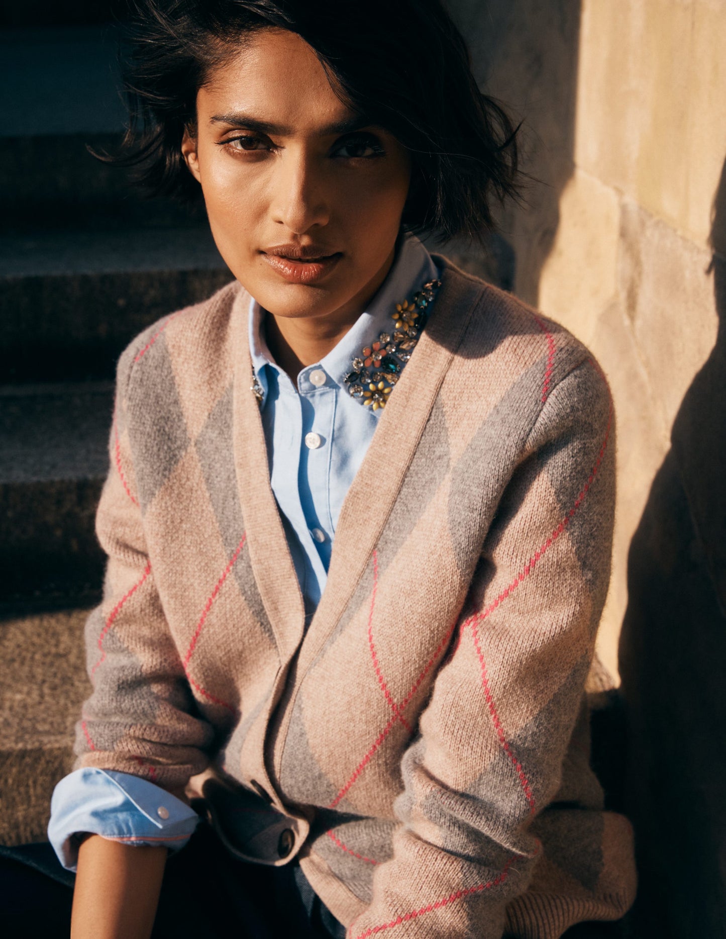 Quinn Strickjacke im Boyfriend-Stil-Neutral Argyle