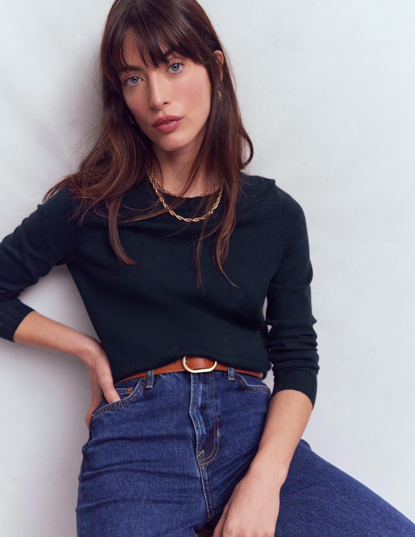 Pull col rond Emilia en coton-Bleu Marine