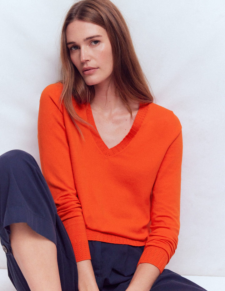 Emilia Baumwollpullover mit V-Ausschnitt-Abendrot-Orange