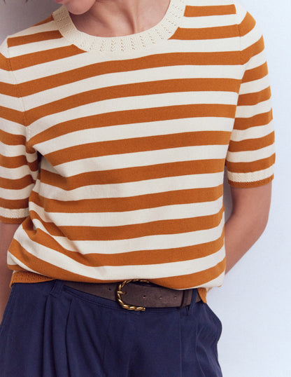 T-shirt col rond Emilia en coton-Cognac/ivoire chaud-2