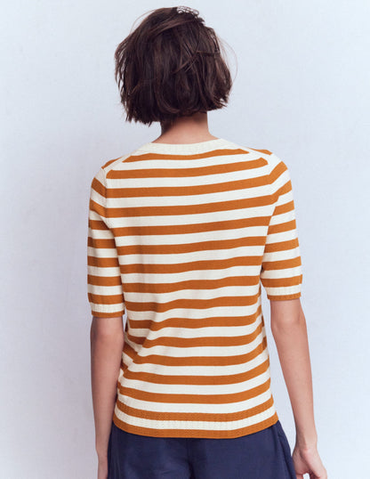 T-shirt col rond Emilia en coton-Cognac/ivoire chaud-3