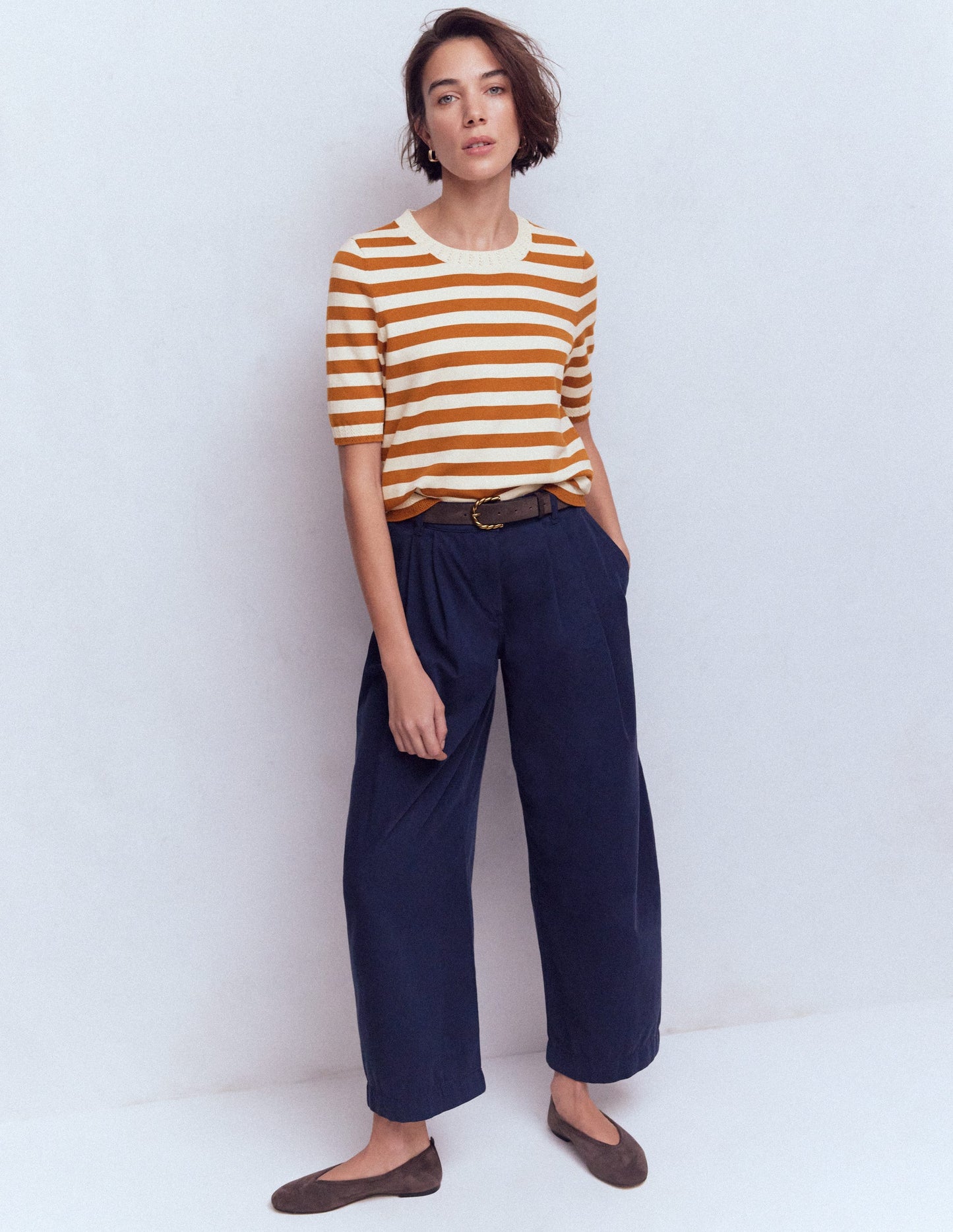 T-shirt col rond Emilia en coton-Cognac/ivoire chaud