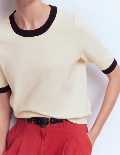 Emilia Baumwoll-T-Shirt mit Rundhalsausschnitt-Warmes Naturweiß, Marineblau-2