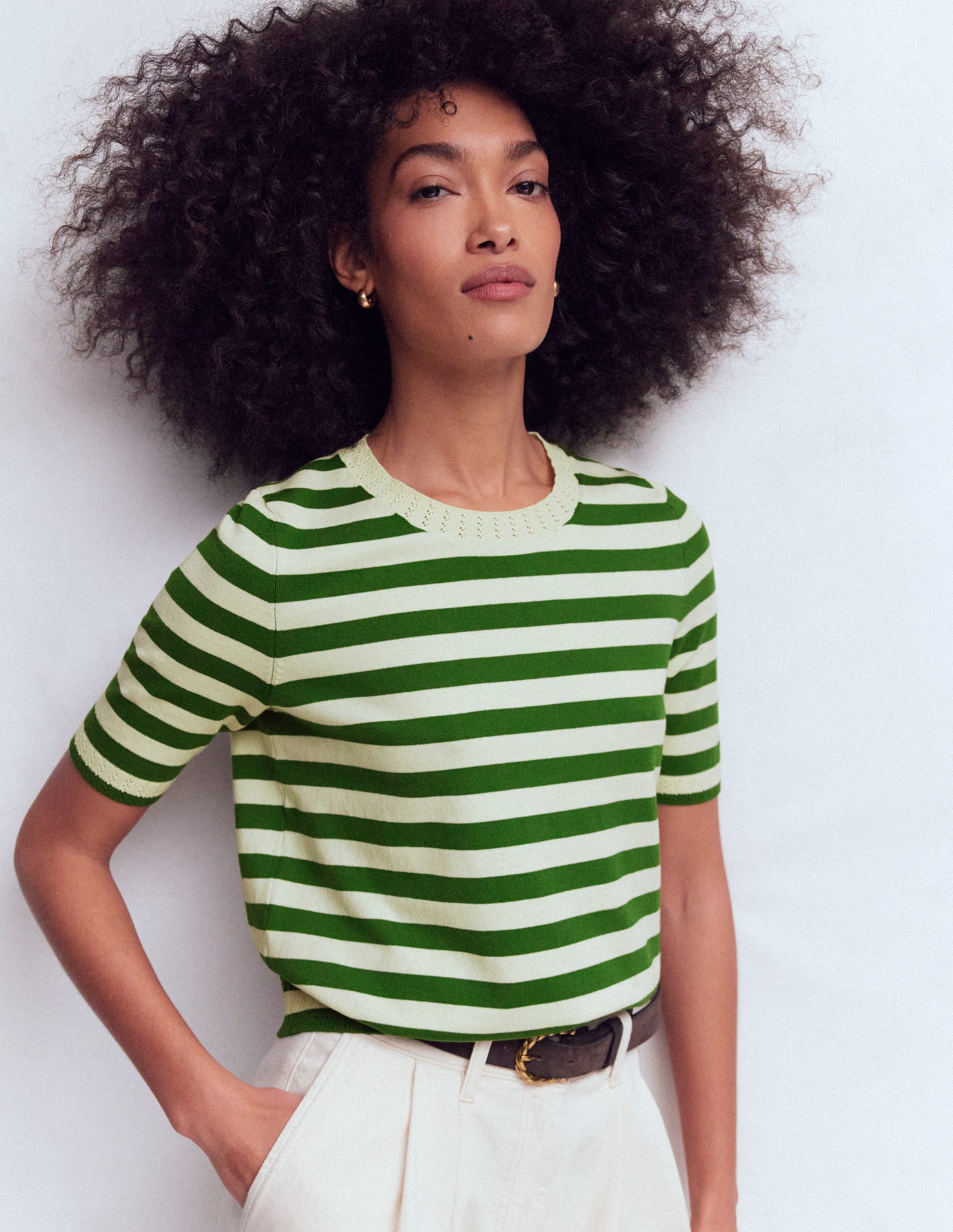 T-shirt col rond Emilia en coton-Rayé vert promenade/ivoire - Image 5