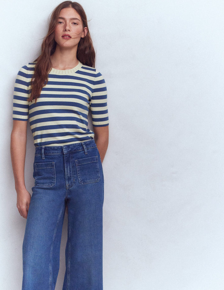 Emilia Baumwoll-T-Shirt mit Rundhalsausschnitt-Denim-Blau/Warmes Naturweiß