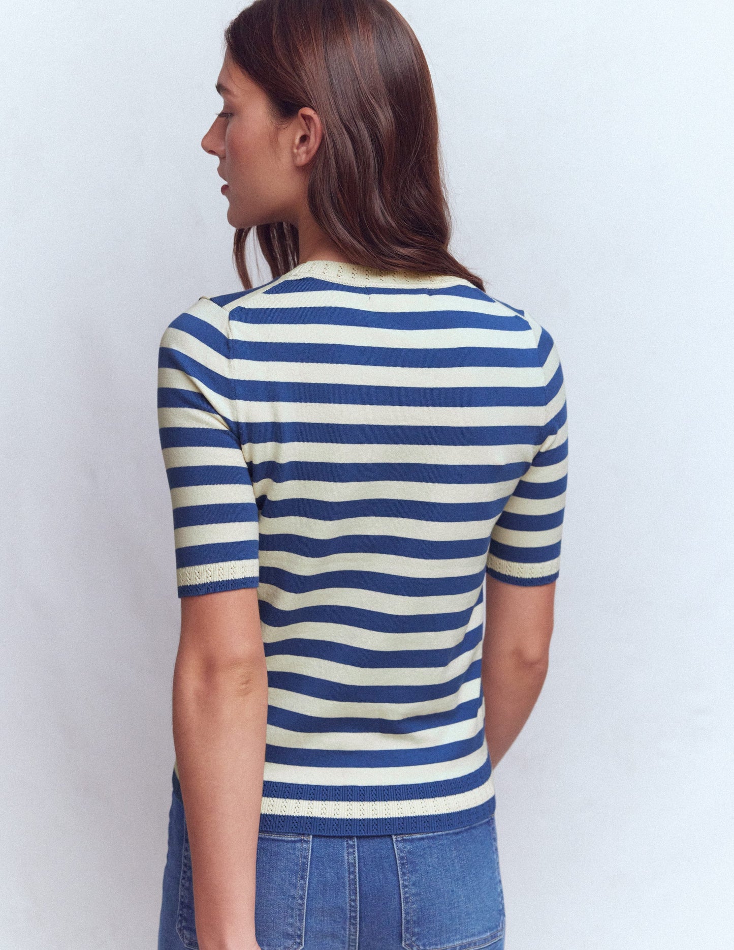 Emilia Baumwoll-T-Shirt mit Rundhalsausschnitt-Denim-Blau/Warmes Naturweiß