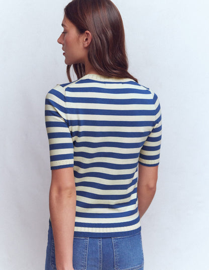 Emilia Baumwoll-T-Shirt mit Rundhalsausschnitt-Denim-Blau/Warmes Naturweiß-3