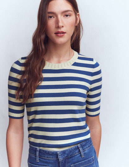 Emilia Baumwoll-T-Shirt mit Rundhalsausschnitt-Denim-Blau/Warmes Naturweiß-4