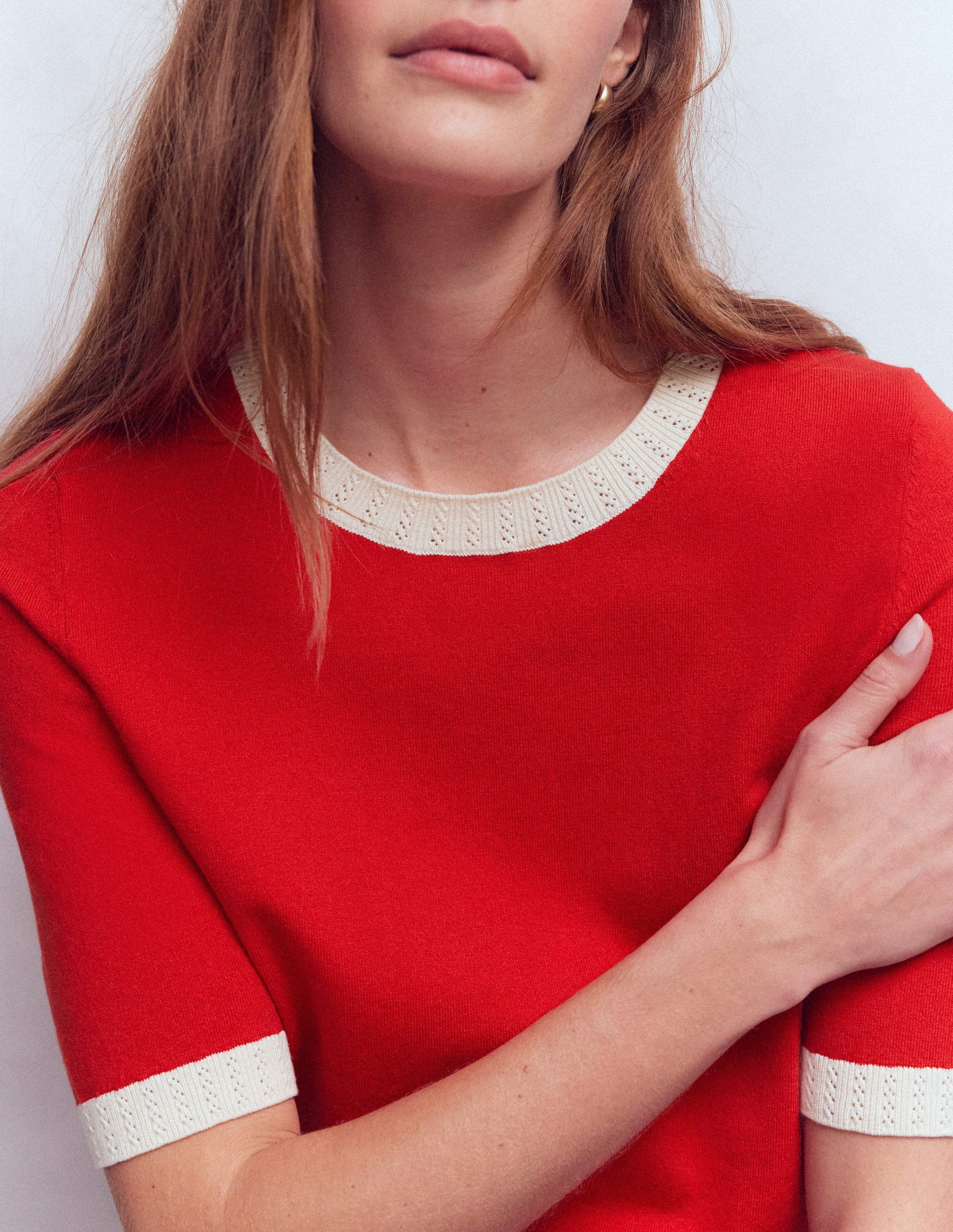 Emilia Baumwoll-T-Shirt mit Rundhalsausschnitt-Salsa-Rot, Naturweiß-2