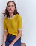 Emilia Baumwoll-T-Shirt mit Rundhalsausschnitt-Ananasgelb, Naturweiß