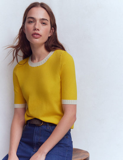 Emilia Baumwoll-T-Shirt mit Rundhalsausschnitt-Ananasgelb, Naturweiß-1