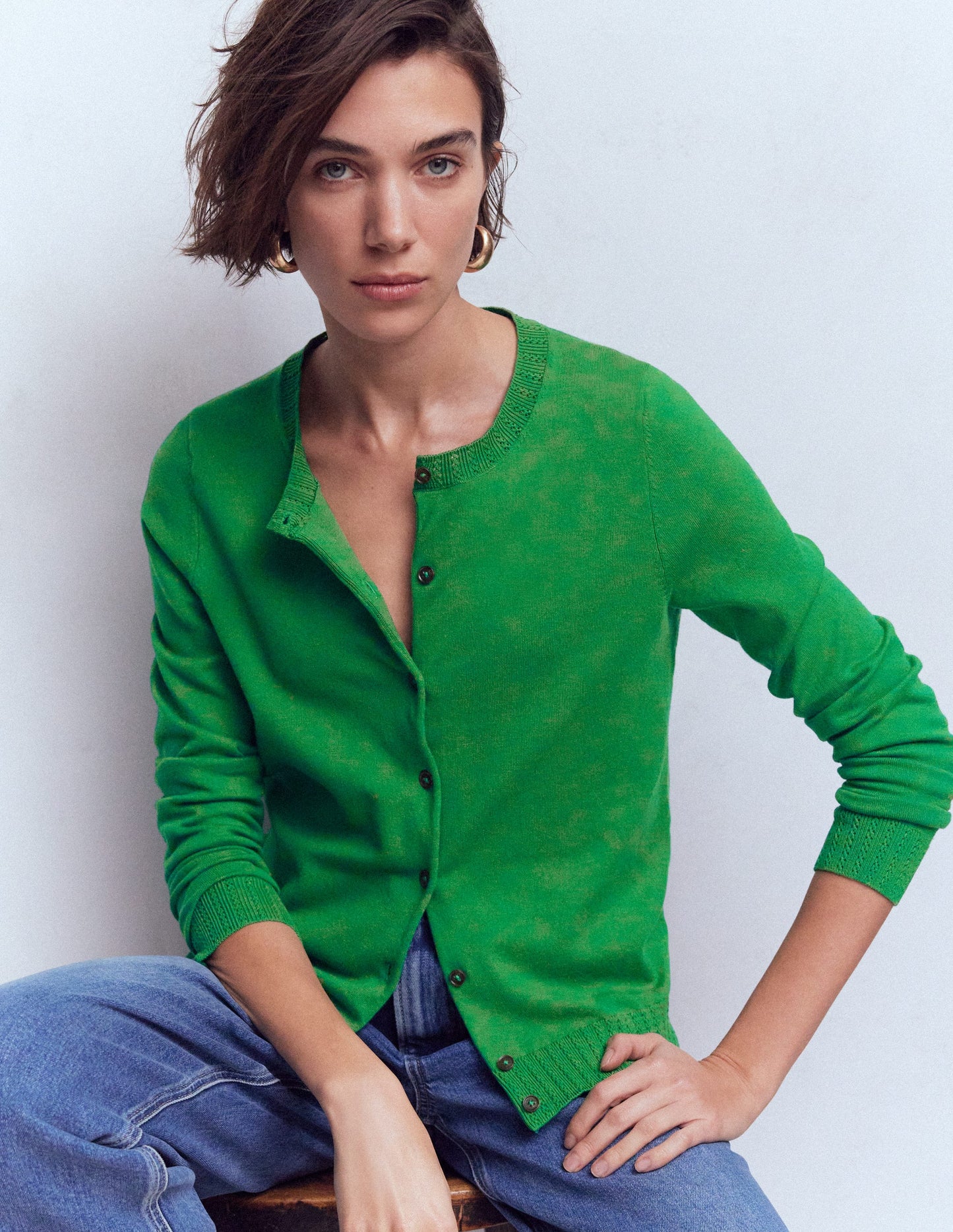 Emilia Baumwollstrickjacke mit Rundhalsausschnitt-Grünes Tamburin