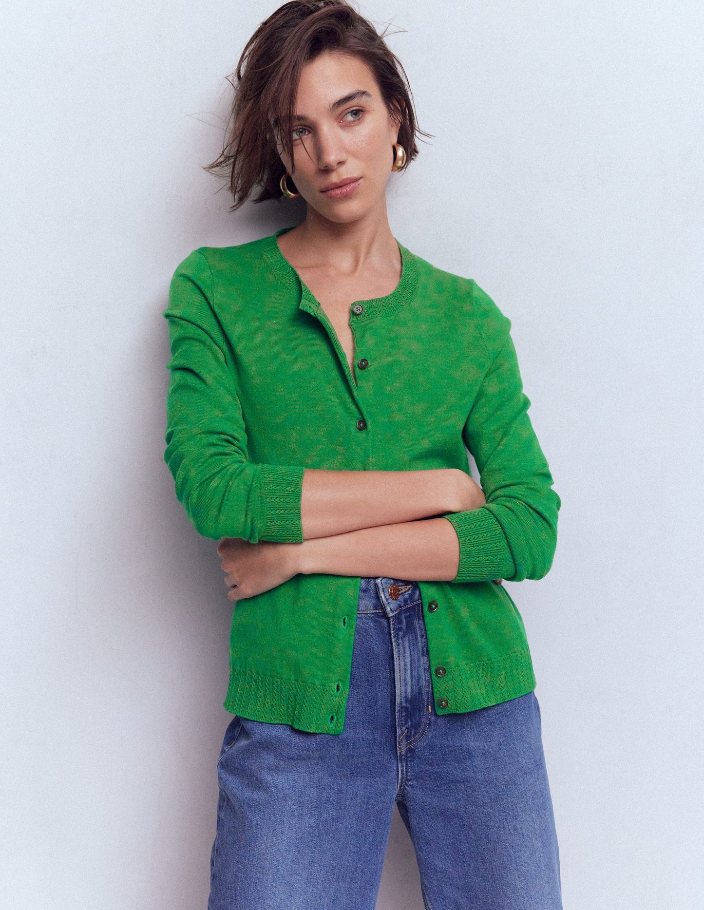 Emilia Baumwollstrickjacke mit Rundhalsausschnitt-Grünes Tamburin