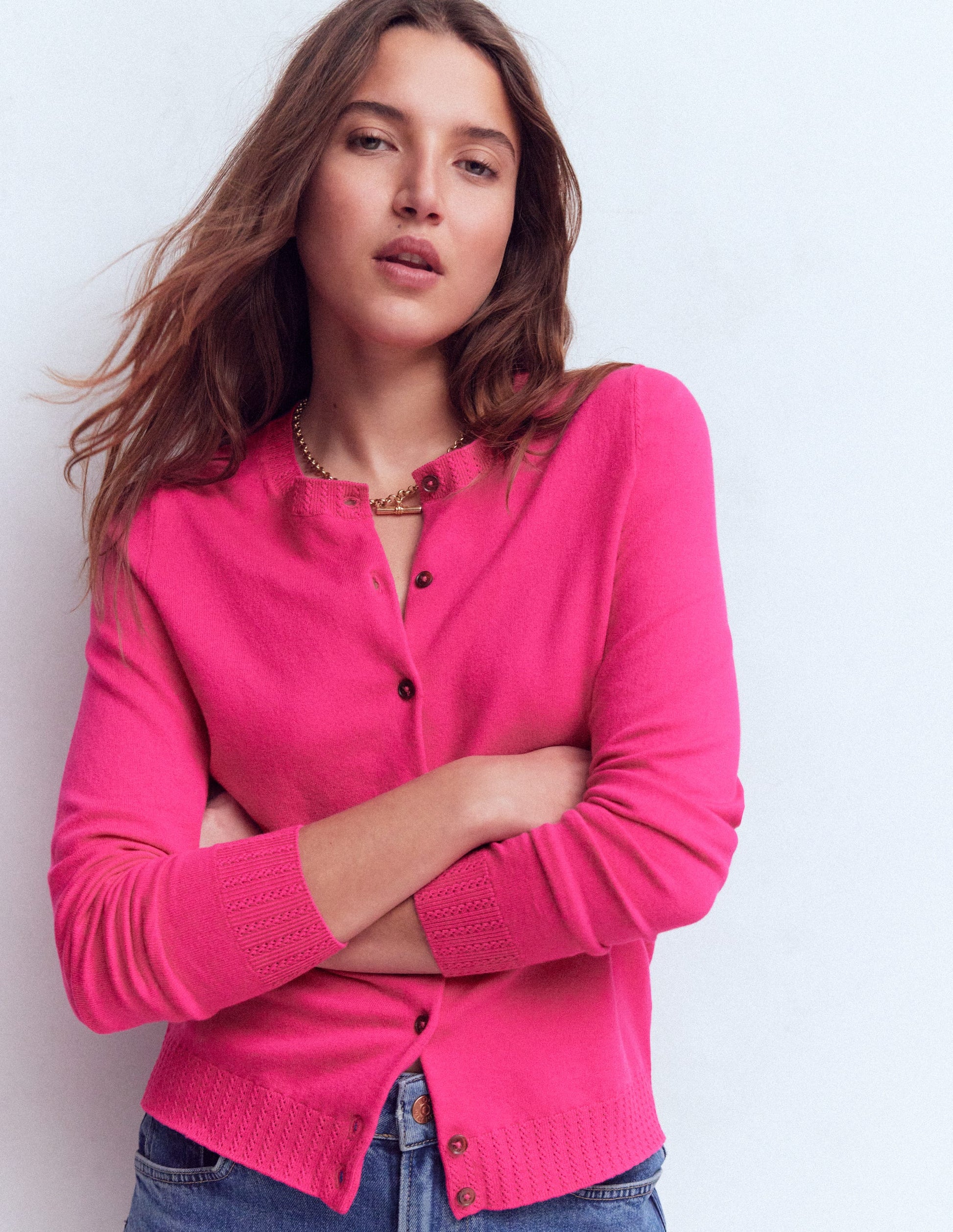 Emilia Baumwollstrickjacke mit Rundhalsausschnitt-Rosarot-1