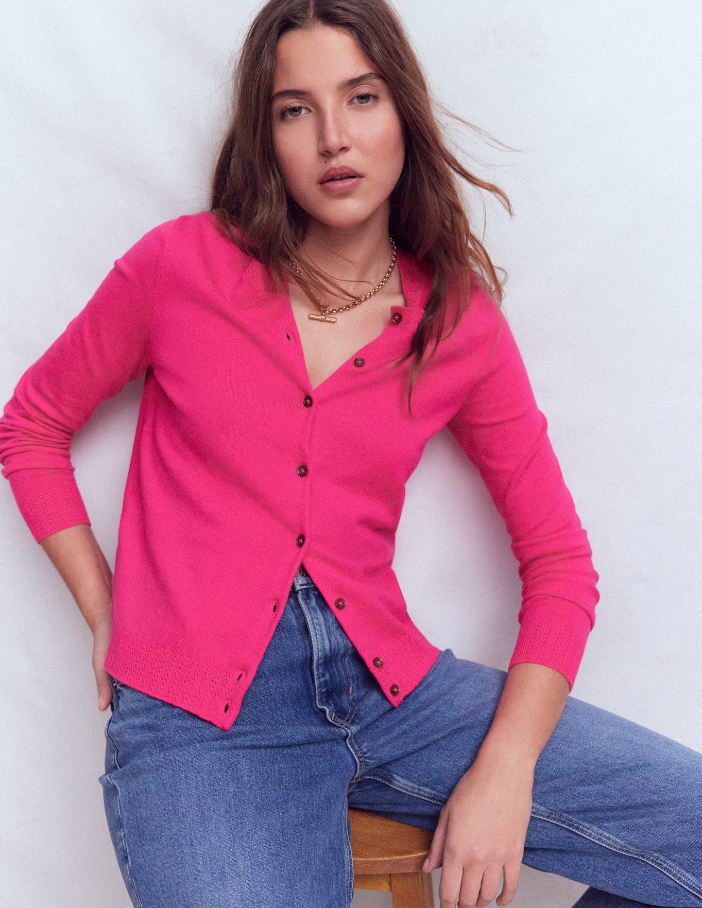 Emilia Baumwollstrickjacke mit Rundhalsausschnitt-Rosarot