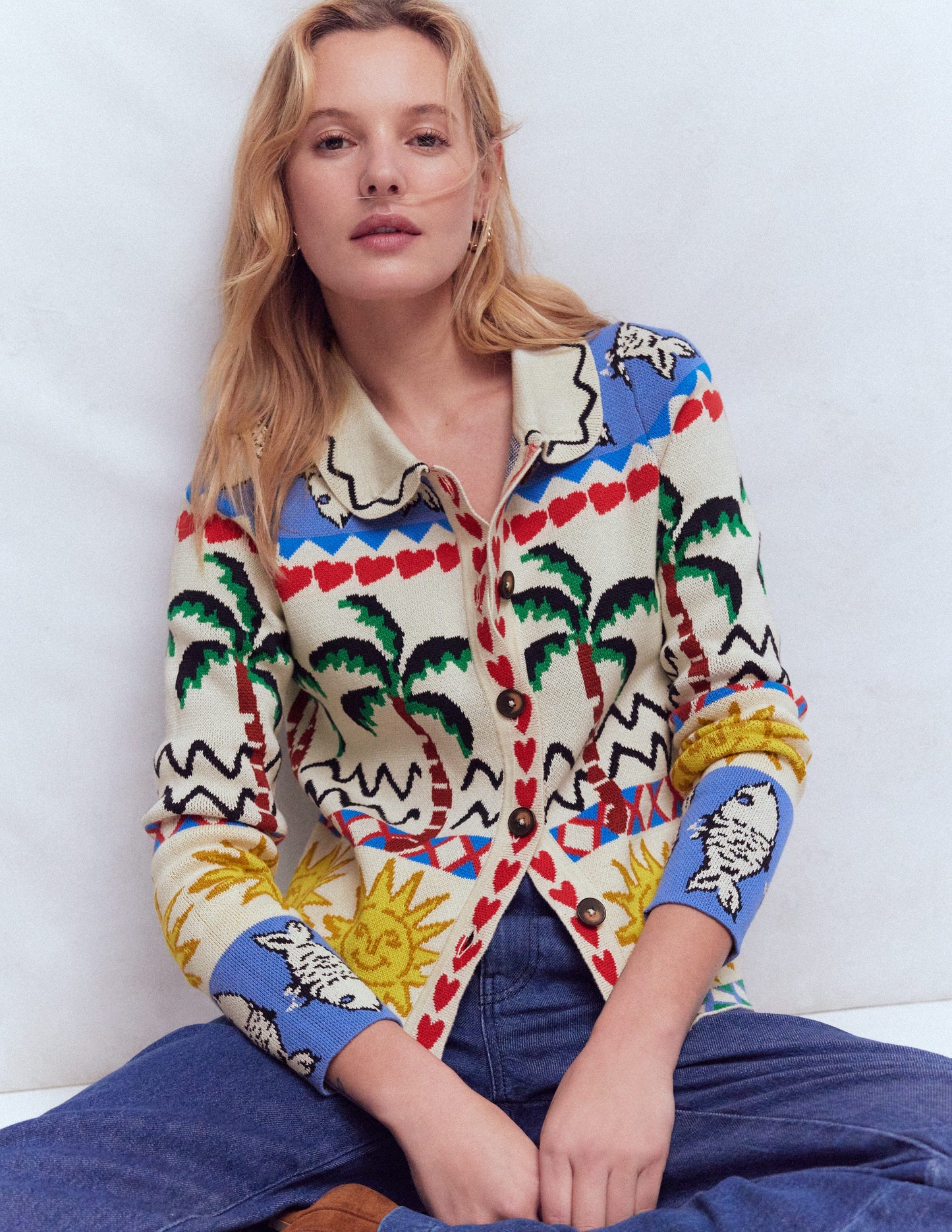 Gestrickte Jacquard-Hemdjacke-Warmes Naturweiß, Originell