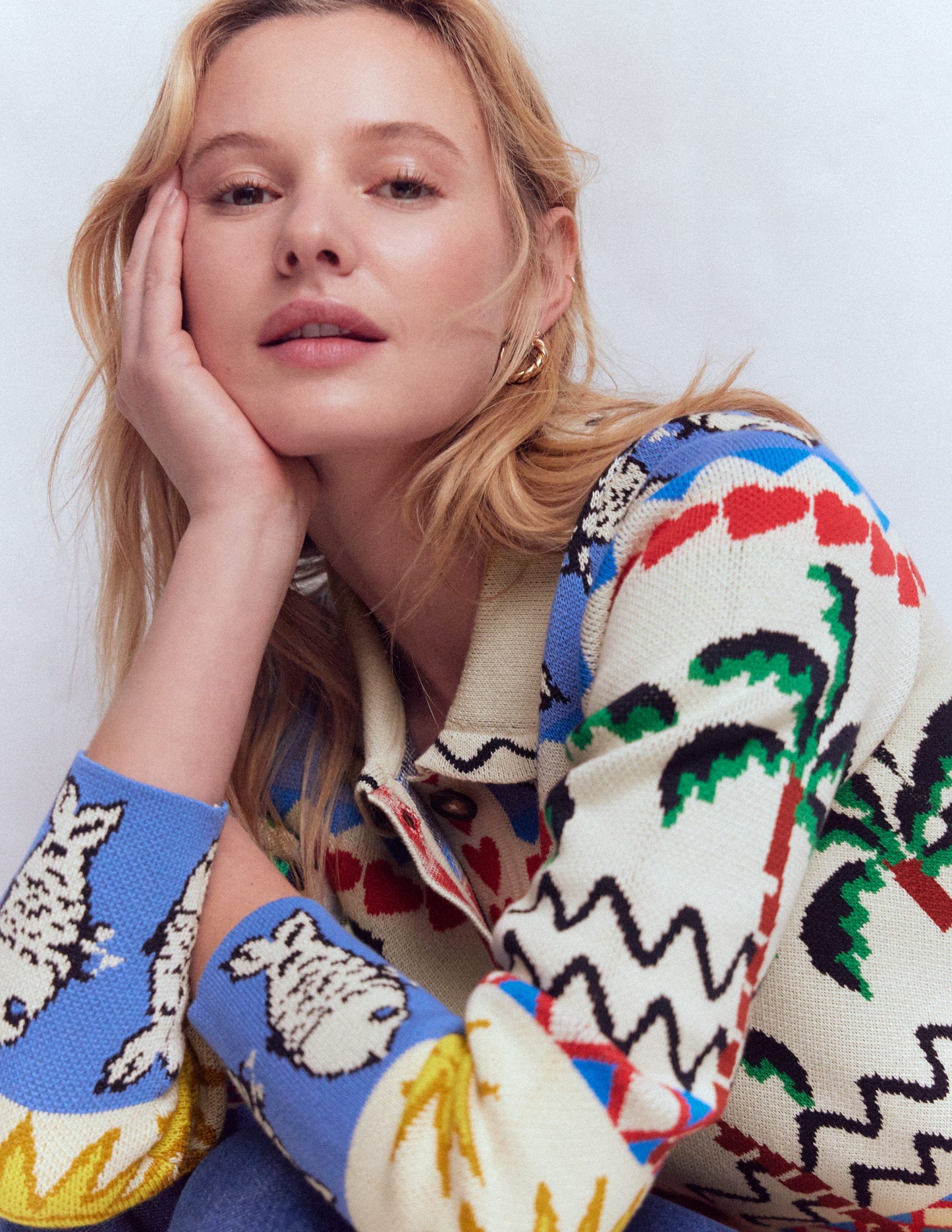 Gestrickte Jacquard-Hemdjacke-Warmes Naturweiß, Originell