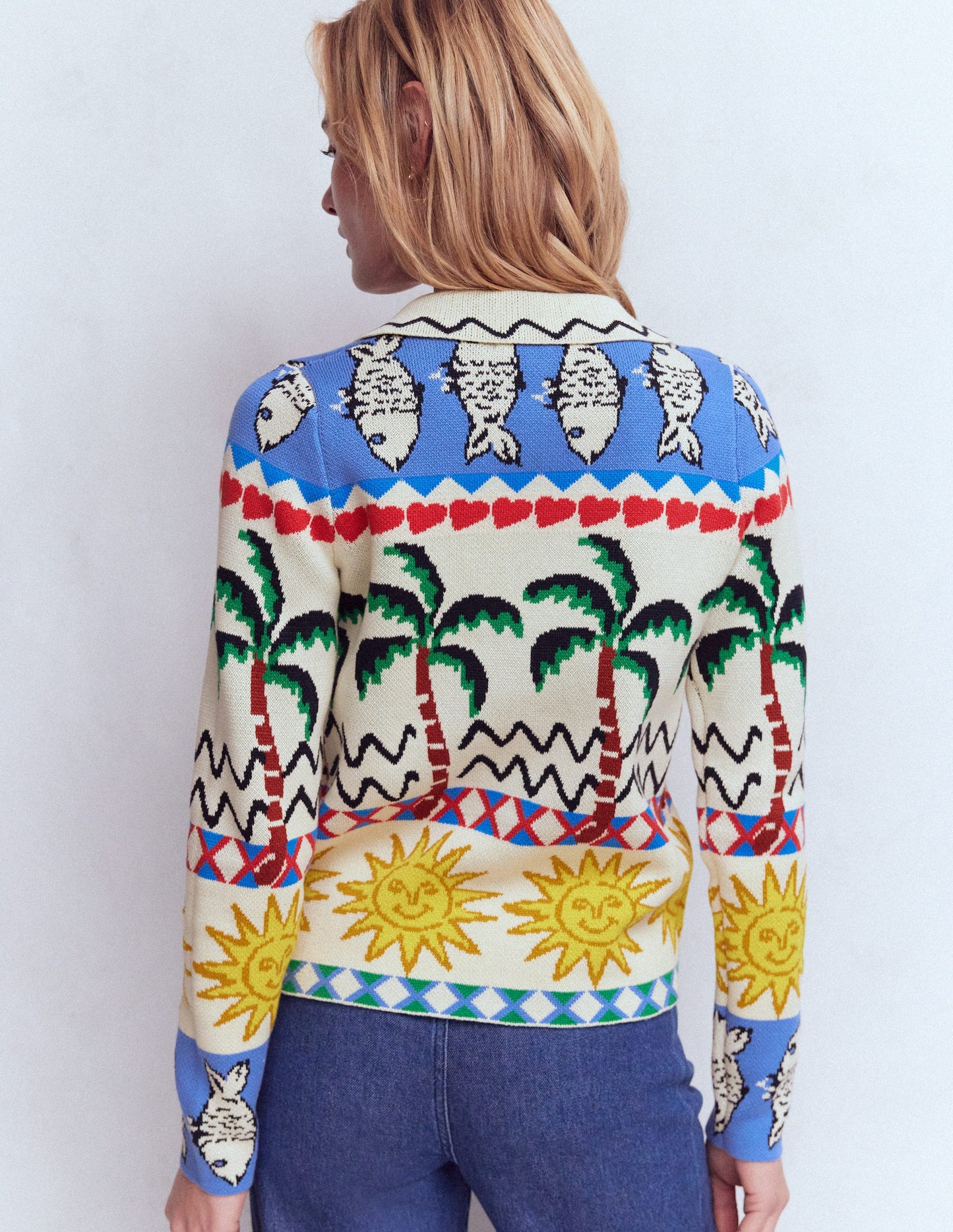 Gestrickte Jacquard-Hemdjacke-Warmes Naturweiß, Originell