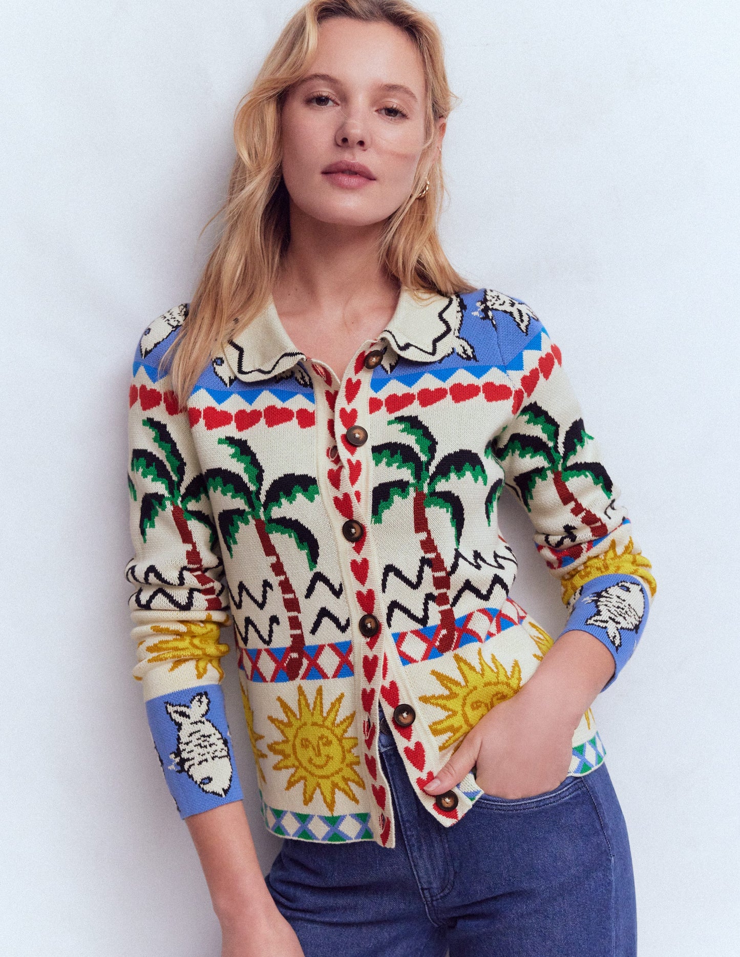 Gestrickte Jacquard-Hemdjacke-Warmes Naturweiß, Originell