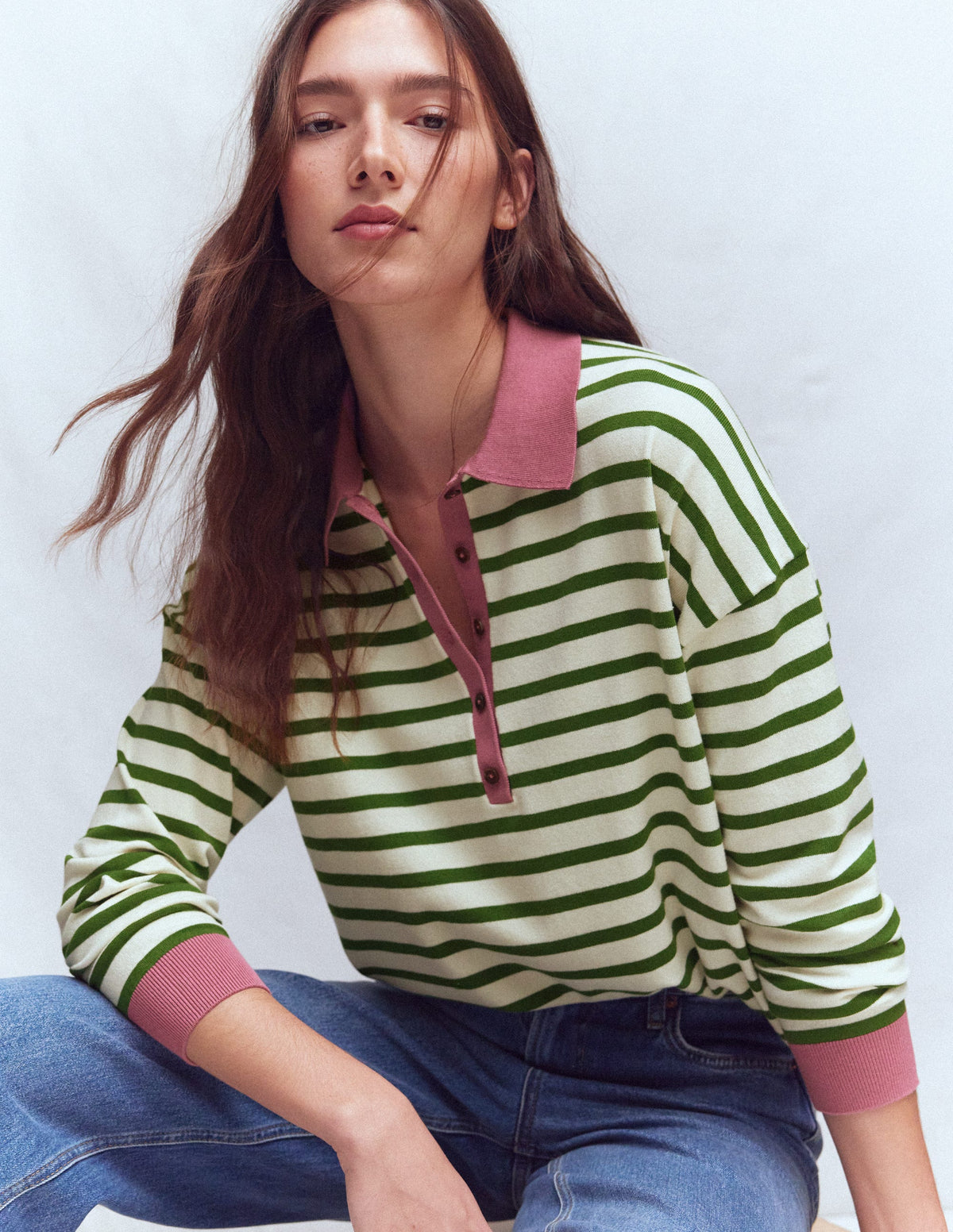 Lara Henley-Pullover aus Baumwolle-Warmes Naturweiß, Hofgrün Streifen - Image 1