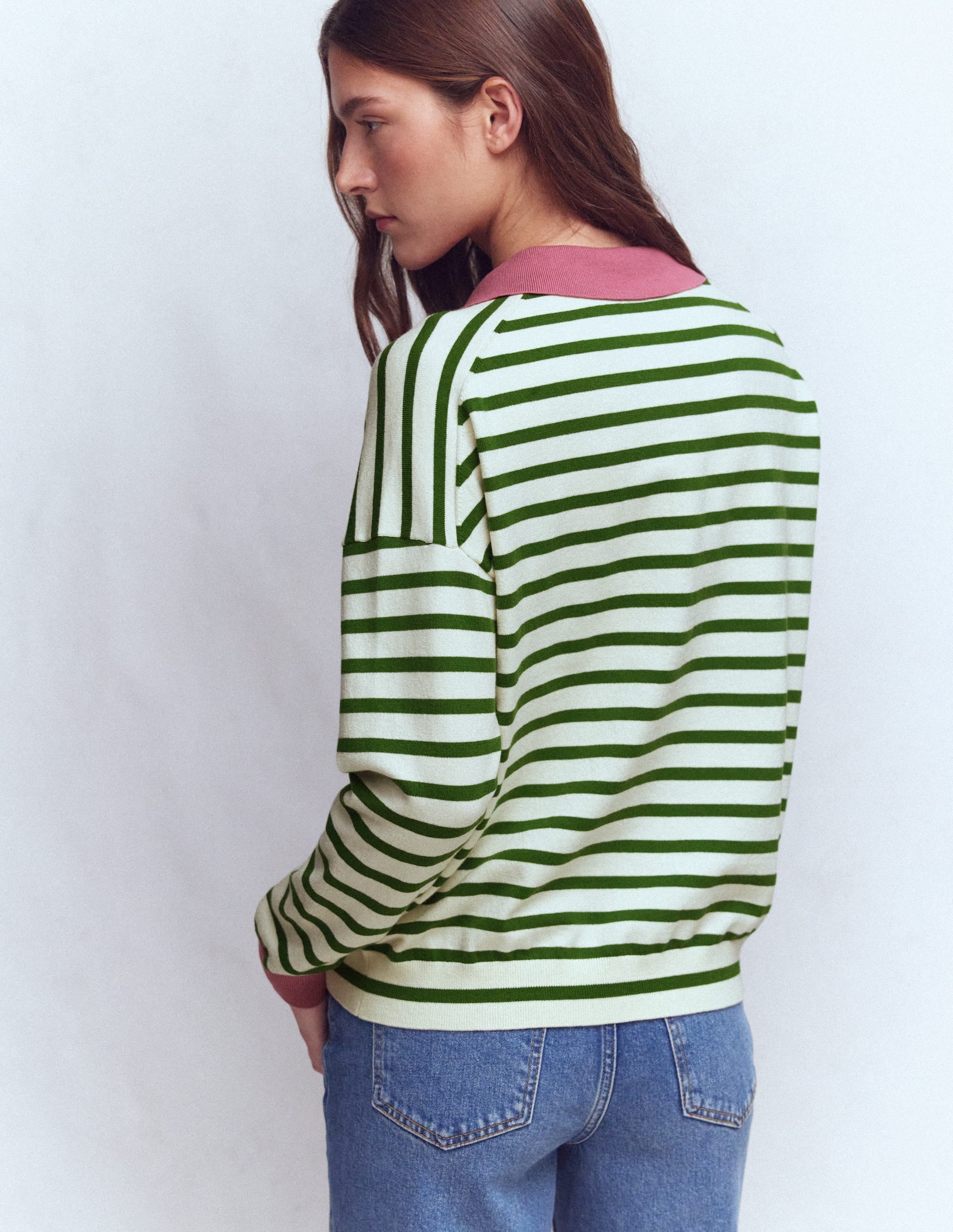 Lara Henley-Pullover aus Baumwolle-Warmes Naturweiß, Hofgrün Streifen - Image 3