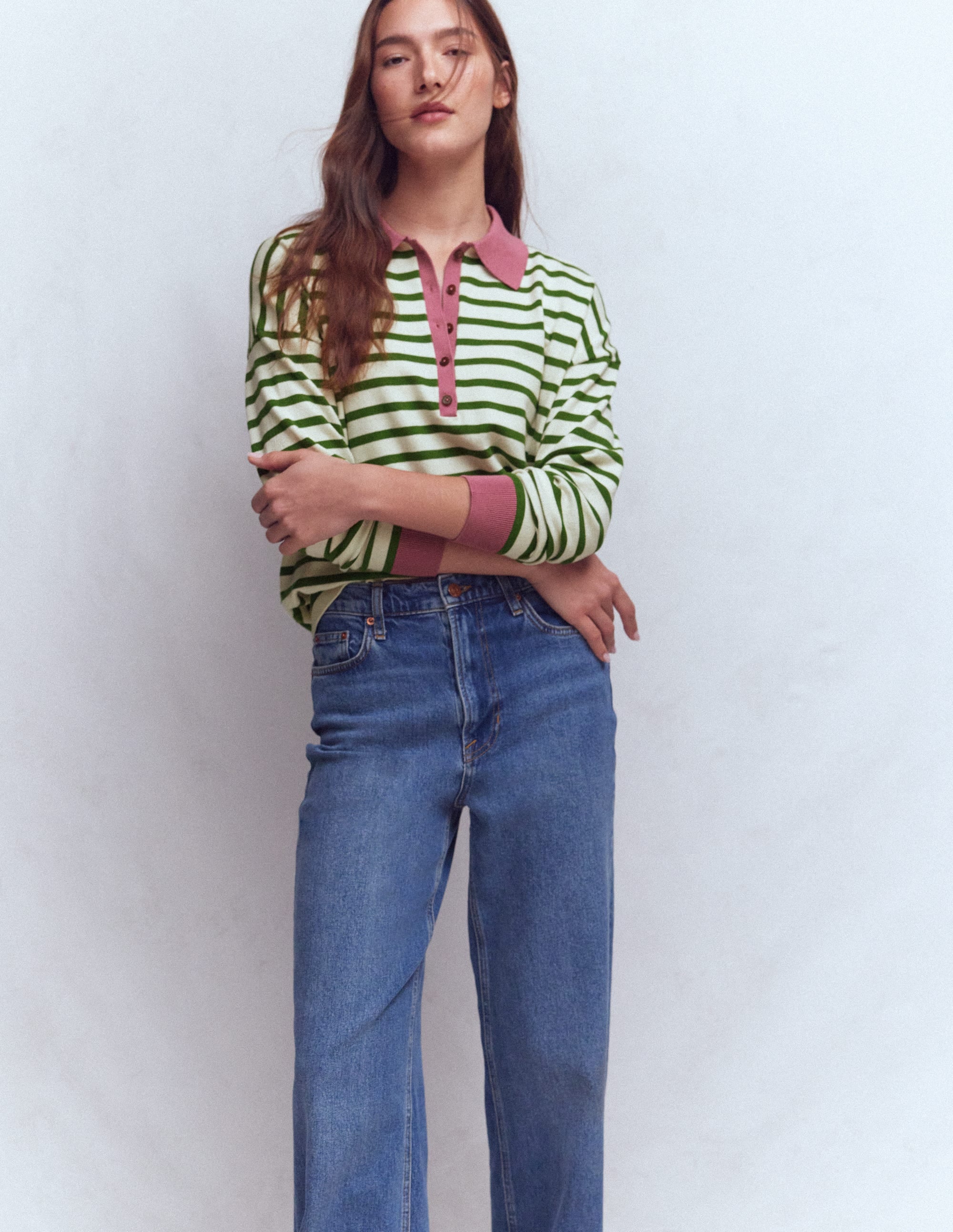 Lara Henley-Pullover aus Baumwolle-Warmes Naturweiß, Hofgrün Streifen - Image 4