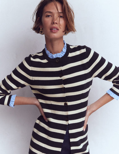 Joanna Taillierte Strickjacke-Marineblau/Warmes Naturweiß Streifen-2