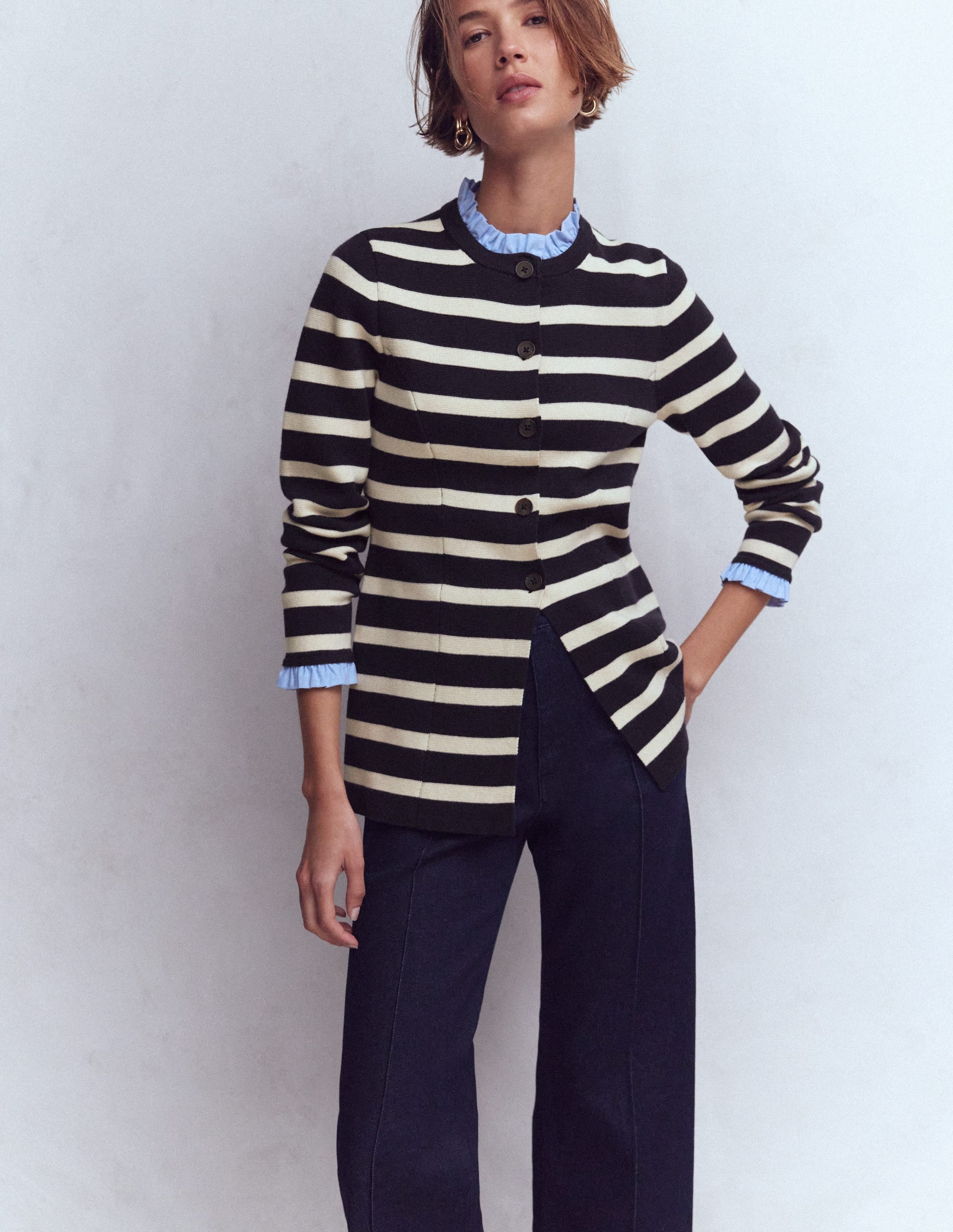 Joanna Fitted Knitted Jacket-Navy/ Warm Ivory Stripe - Image 4