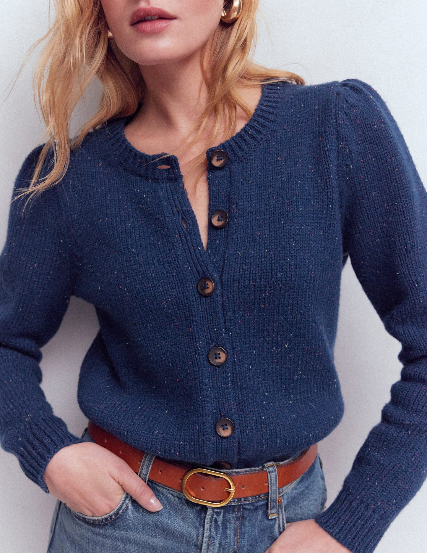 Davina Strickjacke mit Puffärmeln-Blau, Gesprenkelt