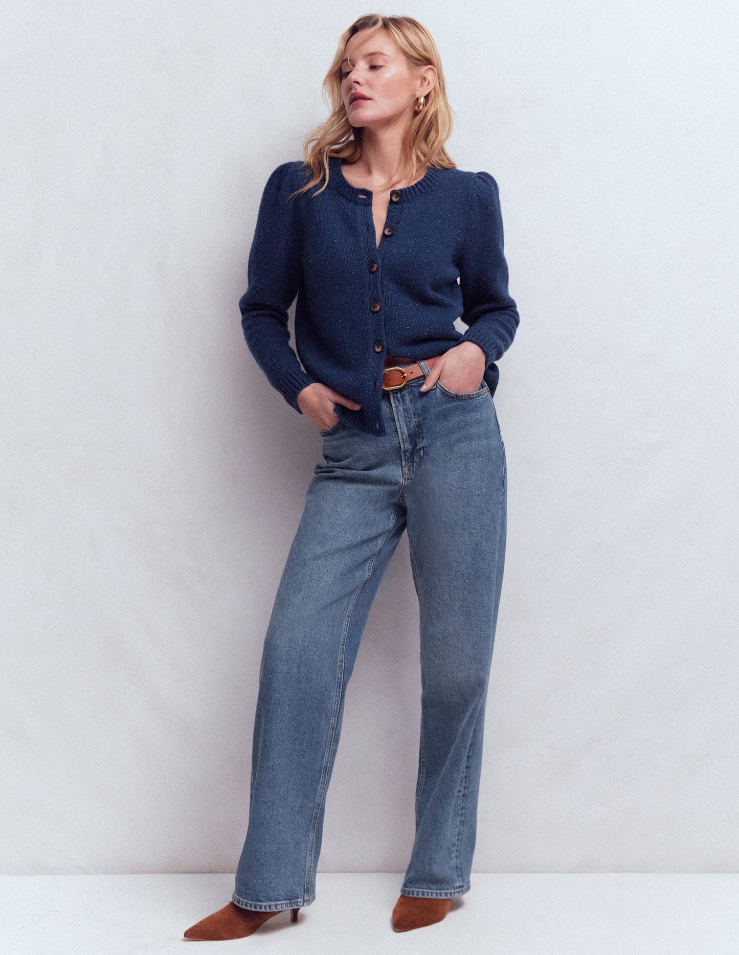 Davina Strickjacke mit Puffärmeln-Blau, Gesprenkelt