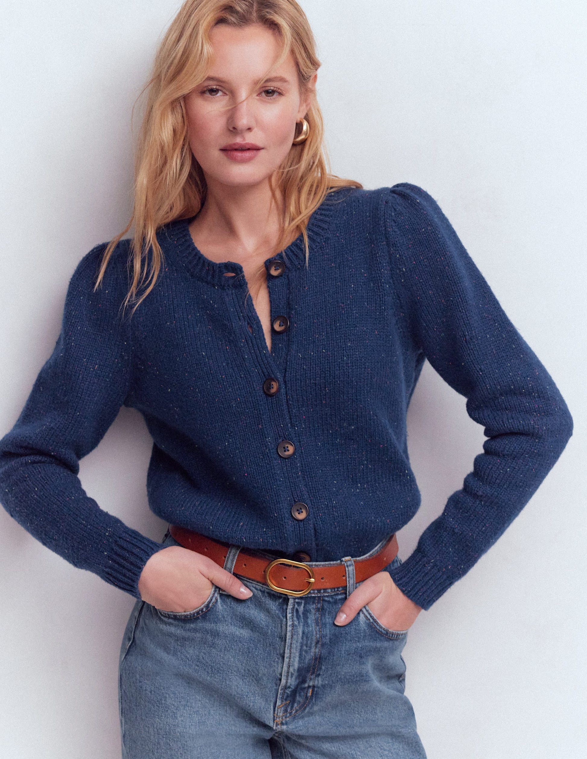 Davina Strickjacke mit Puffärmeln-Blau, Gesprenkelt-5