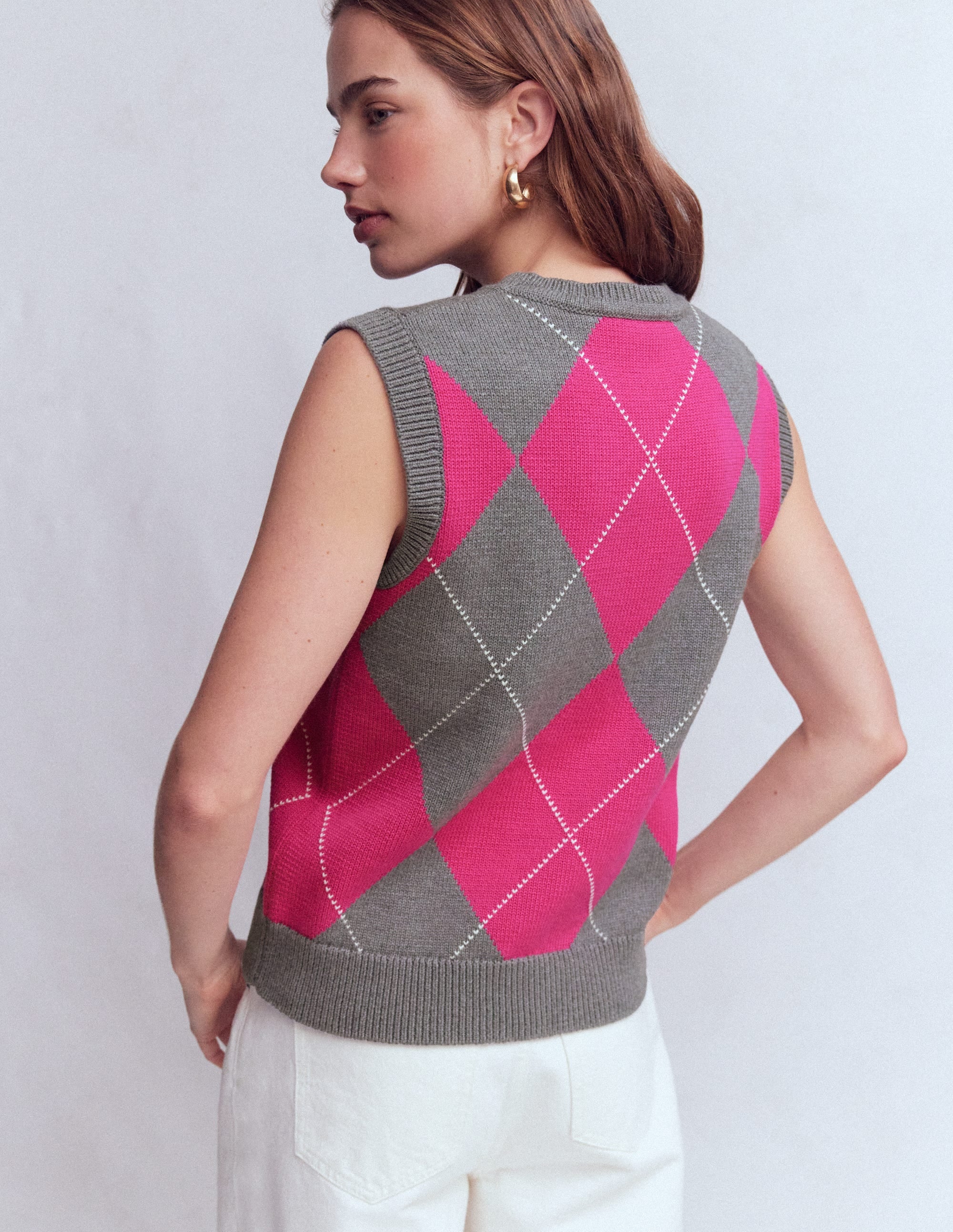 Débardeur Lucy en coton-Motif argyle rose/gris - Image 3