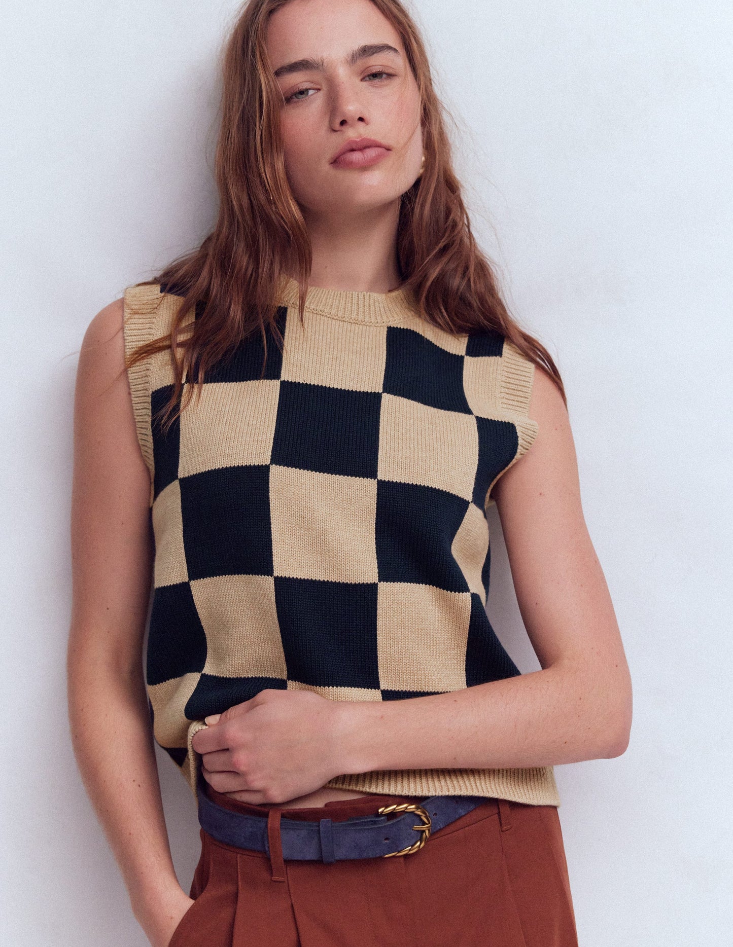 Lucy Baumwoll-Oberteil-Camel/Marineblau Kariert