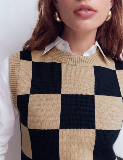 Lucy Baumwoll-Oberteil-Camel/Marineblau Kariert-2