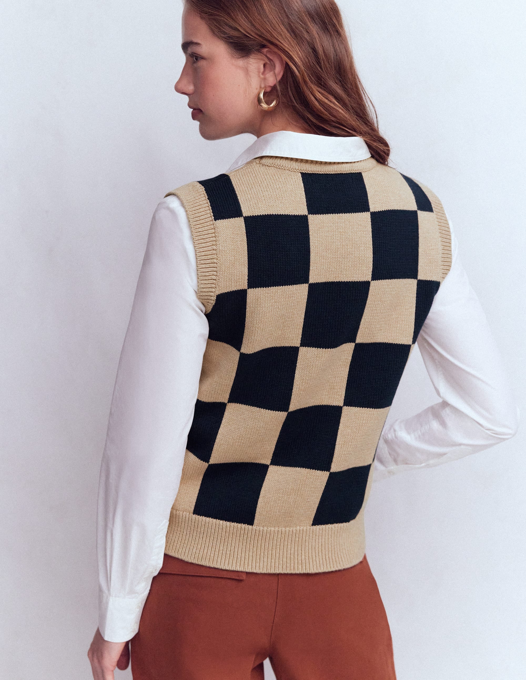 Débardeur Lucy en coton-Carreaux camel/bleu marine - Image 3