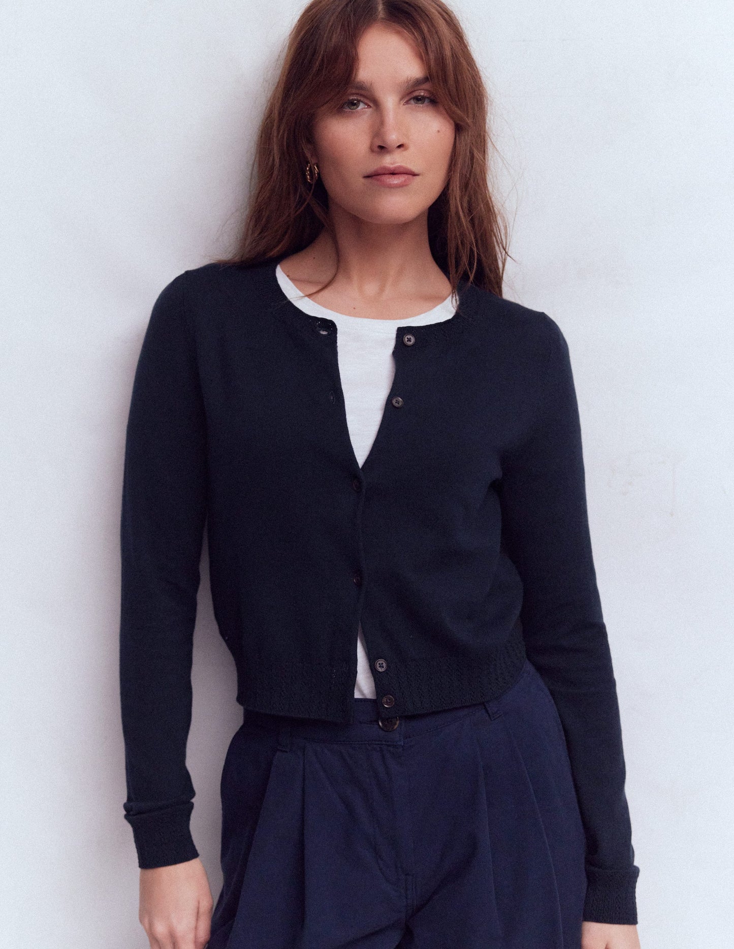 Emilia Cotton Cropped Cardigan-Navy
