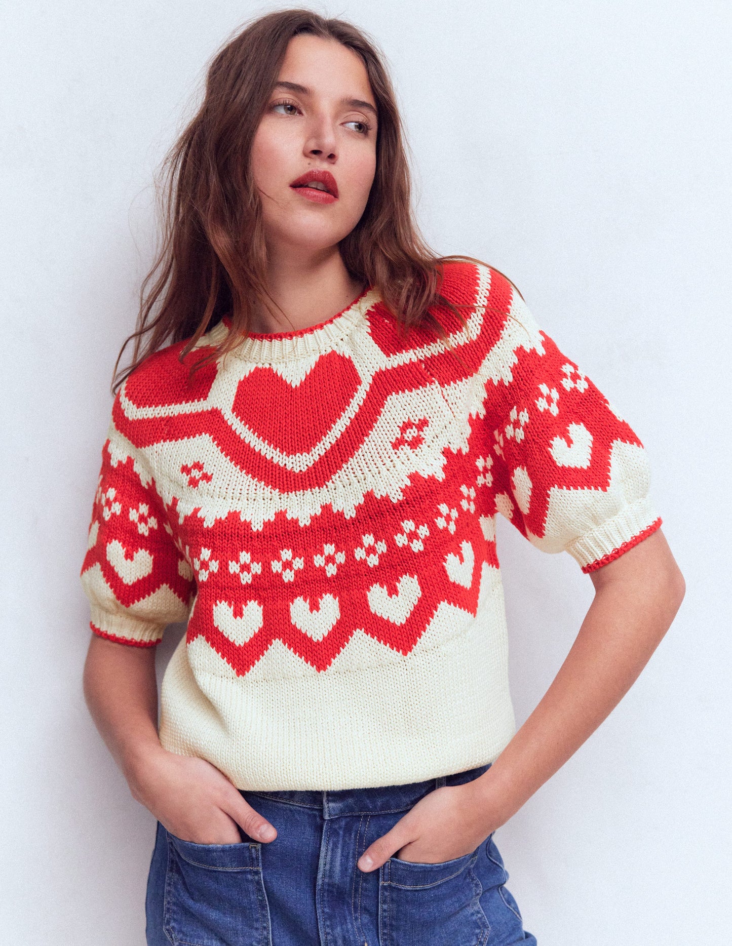 Margot T-Shirt mit Puffärmeln-Warmes Naturweiß Herzen